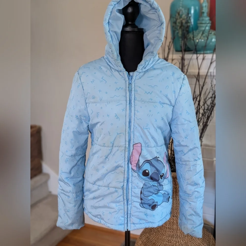 Disney Stitch Puffer Jacket Youth Sz 14/16 Blue Hood‎ Winter Coat Lilo & Stitch