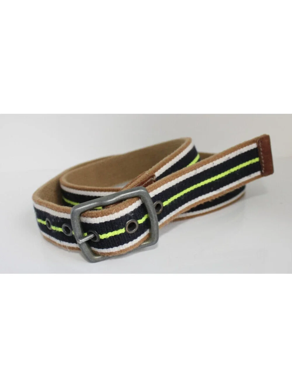 Y2K American Eagle Men Reversible Canvas Belt 40 Tan Navy Neon Green Stripe Web