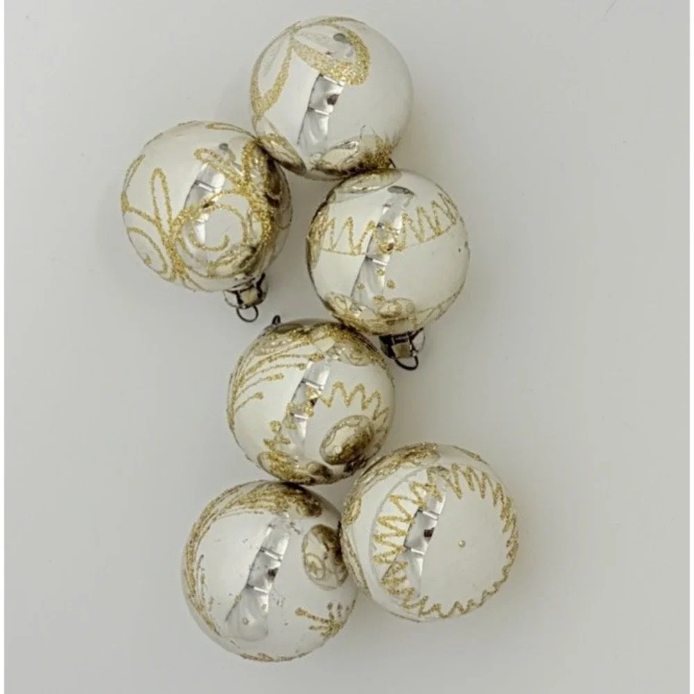 Vintage Glass Christmas Ornaments Silver Gold Mica Stenciled 1.5 Inches Lot of 6