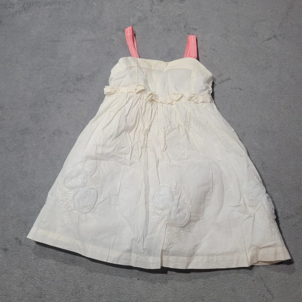 Tahari Dress Girls 3T White Pink Embroidered Floral Rosette Cotton‎ Sundress