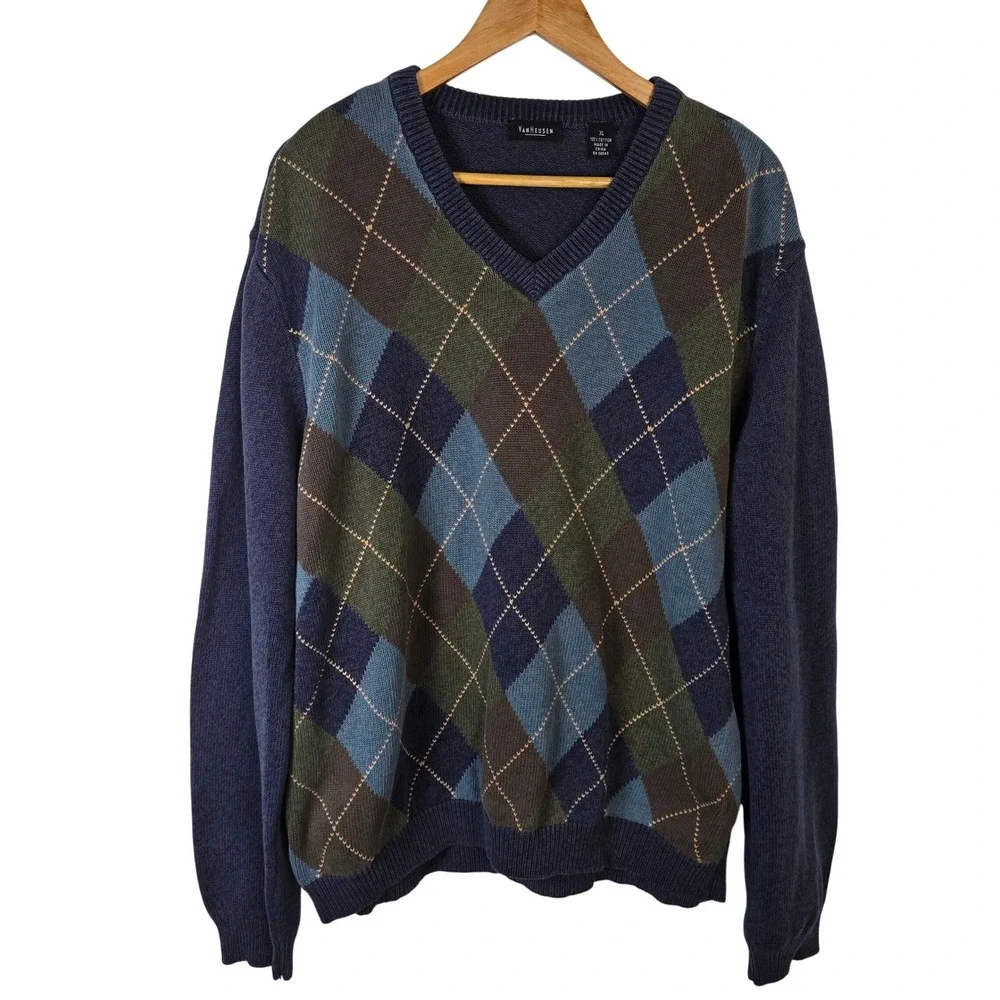 Van Heusen Mens XL Argyle V Neck Sweater 100% Cotton Navy Blue Green‎ Brown