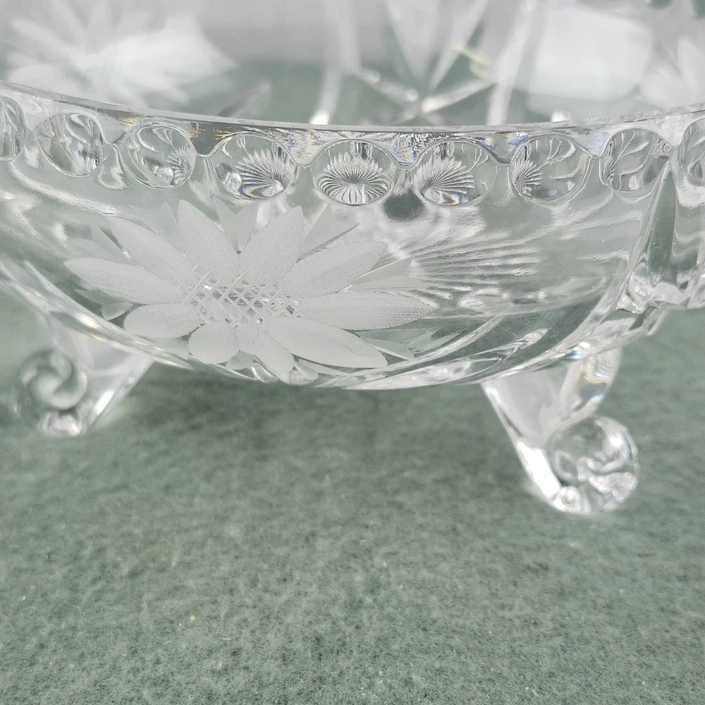 Vintage Oval Footed Crystal Clear  Floral cut 7