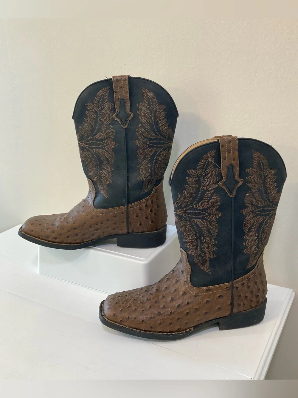 Roper Youth Sz 6 Western Cowboy Boots Black Brown Ostrich