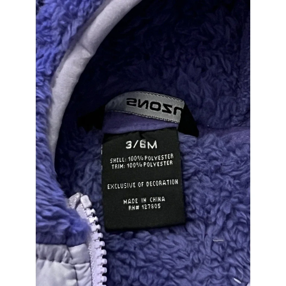 Snozu Size 3-6 Month Purple Fleece One Piece Zip Up Snow‎ Suit With Hood Soft