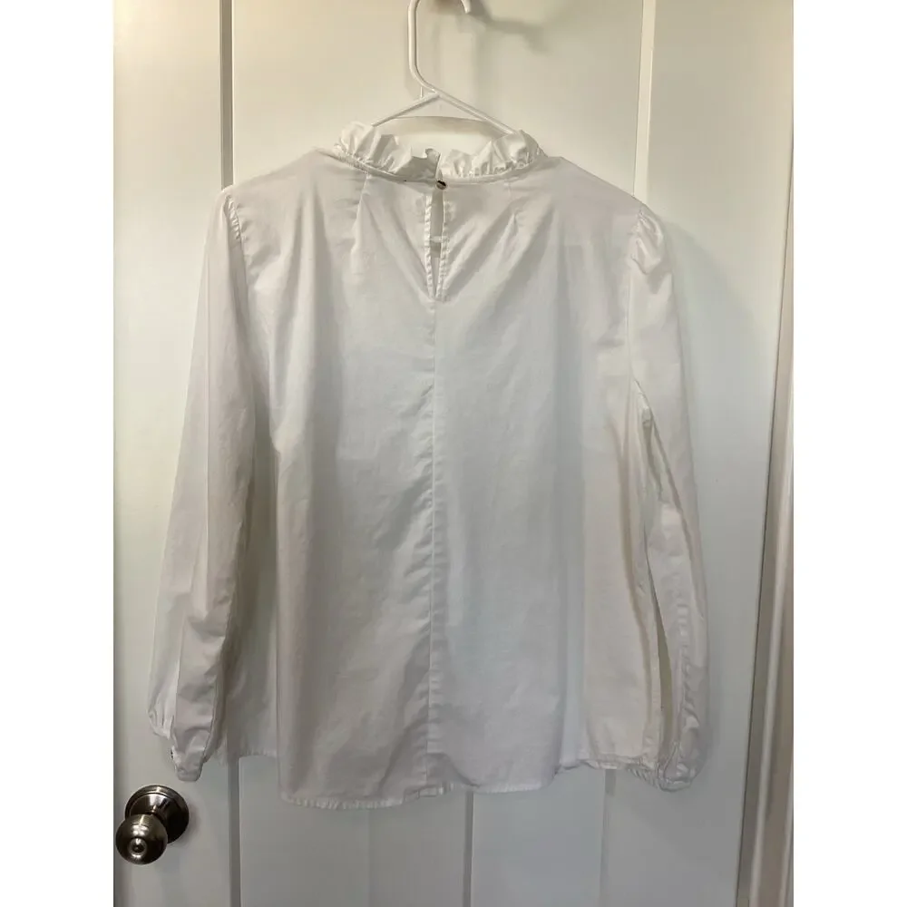 J. Crew White Ruffle Neck Long Sleeve‎ Top Size Medium blouse