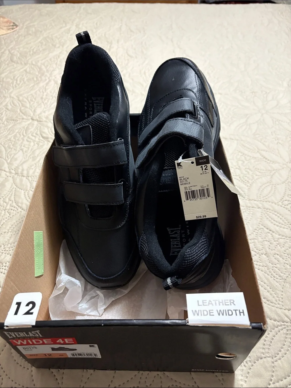 NWT leather wide Sz 12EEEE Everlast men’s black velcro-closure sport shoes. Box.