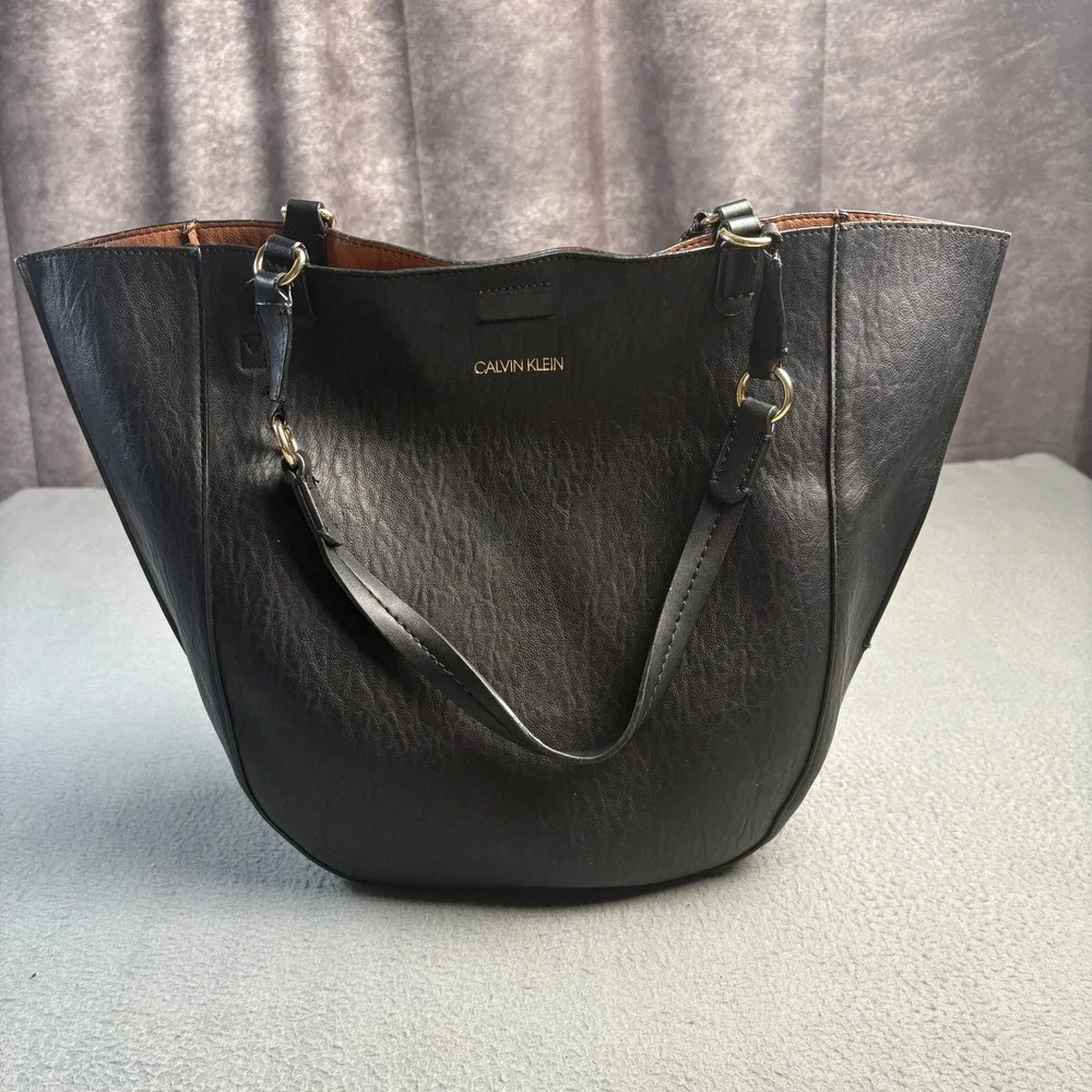Calvin Klein Black Faux Leather Winged Tote Bag Gold Hardware Handbag