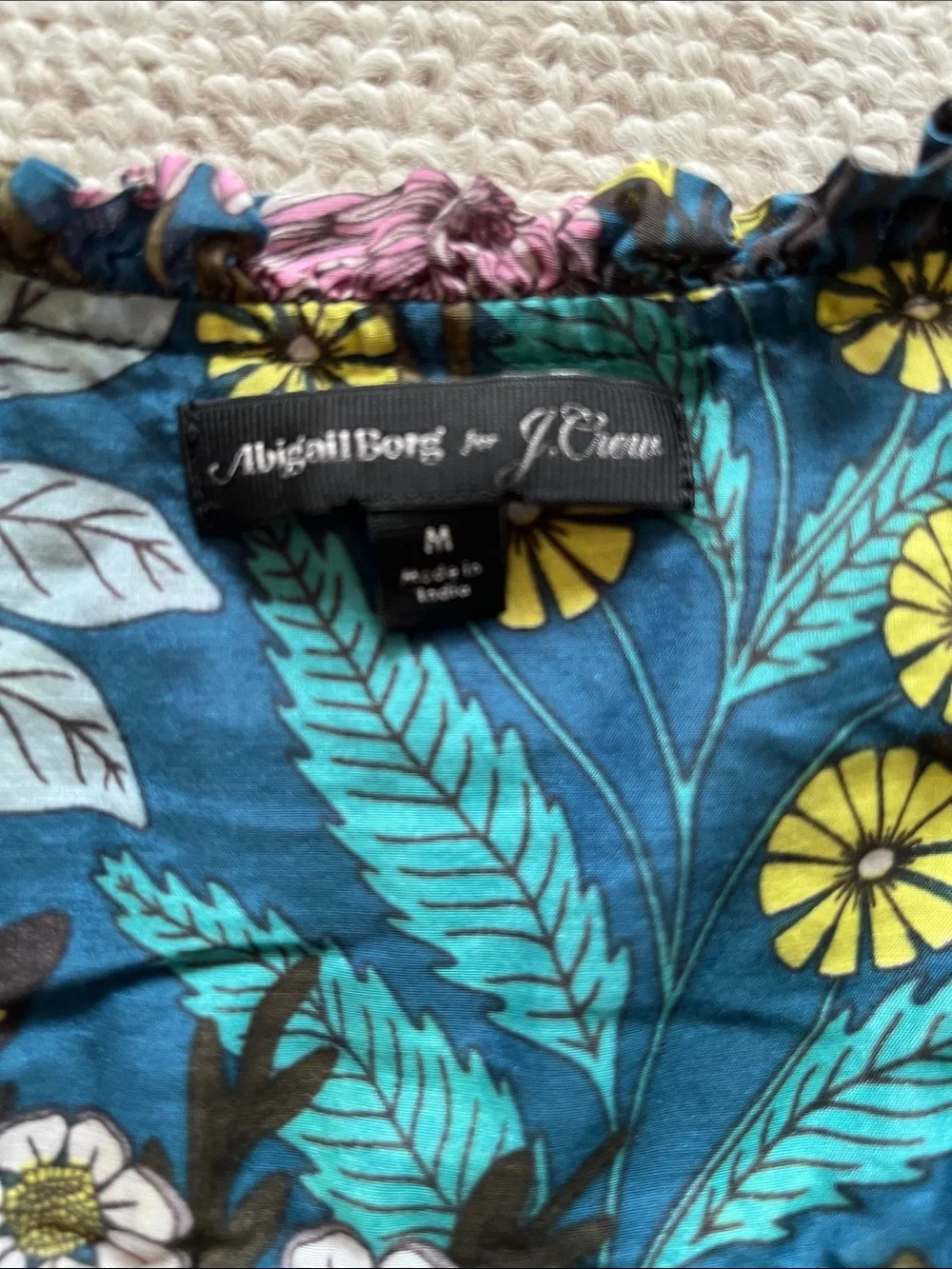 J. Crew Teal Floral Ruffle-Neck Blouse with Purple and Yellow Accents