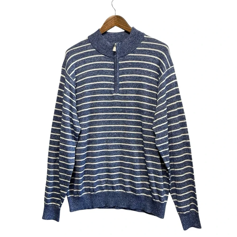 PETER MILLAR‎ Crown Cool 1/4 Quarter Zip Sweater Wool Linen XL Blue Striped Golf