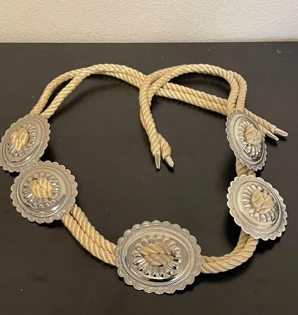Rope Concho Belt Womens One Size Beige Western Medallion Boho Lariat Adjustable