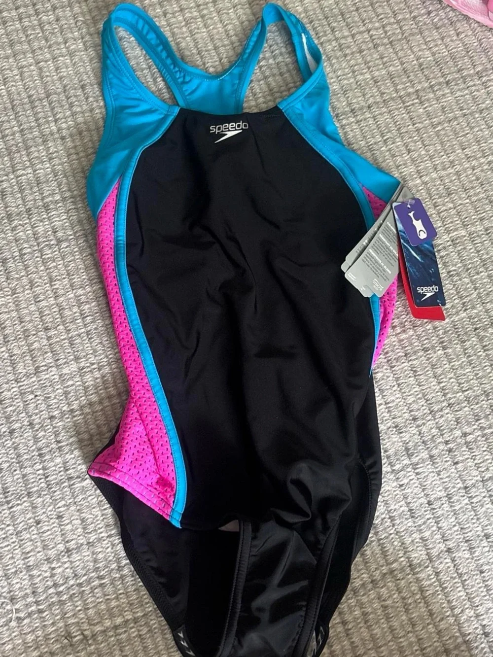 Speedo Black Pink Blue Kids One-Piece Racing Swimsuit
