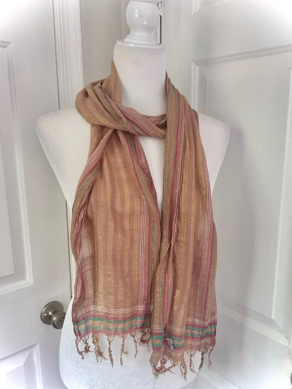 Light Cream Metallic Gold Stripe Fringe Scarf Green Red