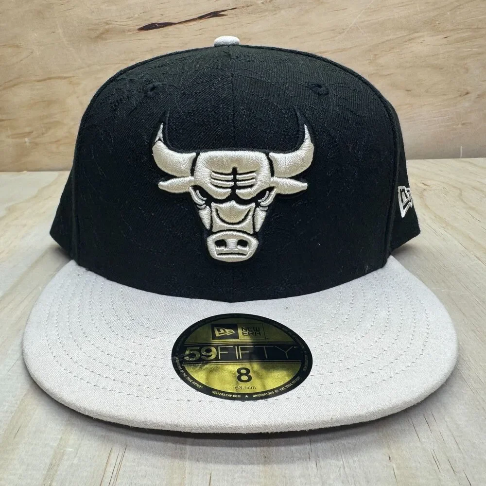 NEW Chicago Bulls New Era 59Fifty Fitted Hat Cap Etch Two Tone Black Gray Sz 8