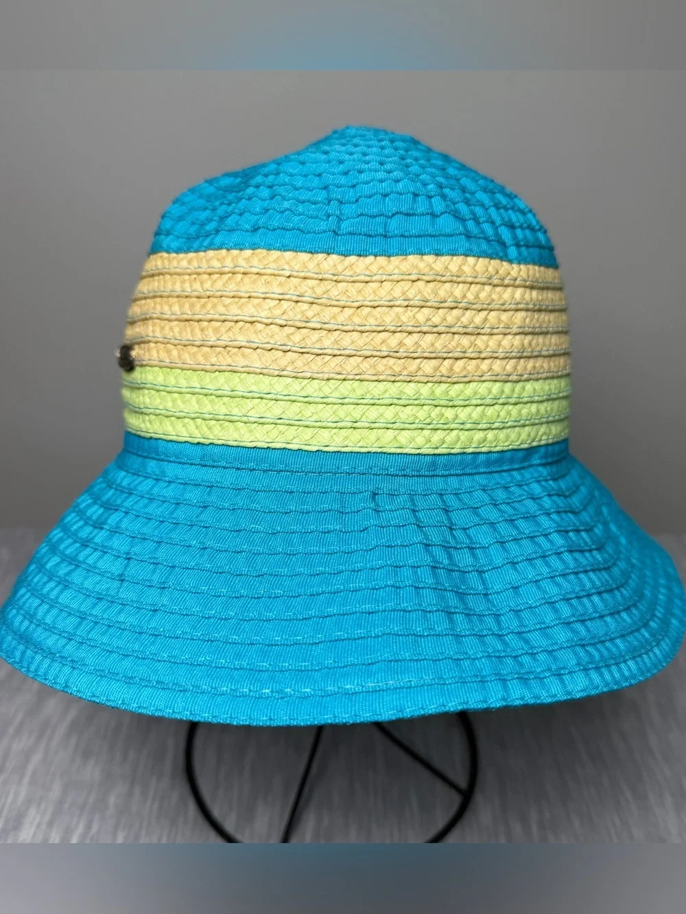 Panama Jack Turquoise Blue Green Striped Sun Hat Beach Vacation Summer One Size