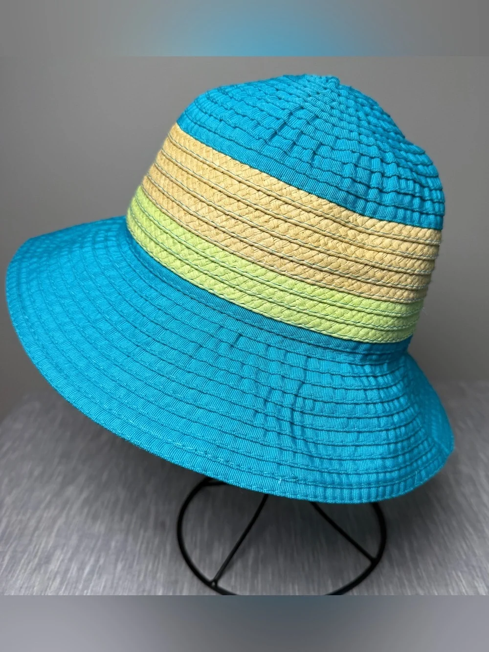 Panama Jack Turquoise Blue Green Striped Sun Hat Beach Vacation Summer One Size
