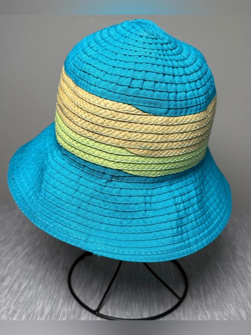 Panama Jack Turquoise Blue Green Striped Sun Hat Beach Vacation Summer One Size
