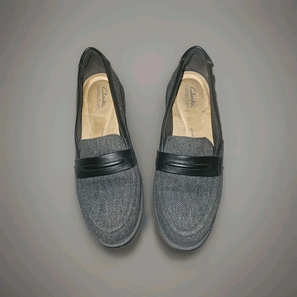 Clarks Women's Shoes loafers  grey herringbone tweed with black trim EXC Size 8M
