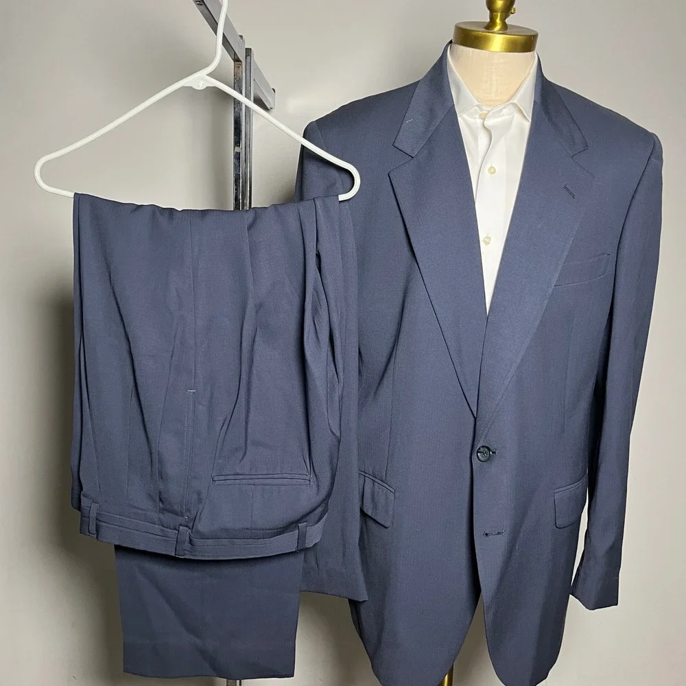 Nino Cerruti Suit Mens 44L 32x32 Blue Solid Wool Vintage‎ 2-Button USA Made