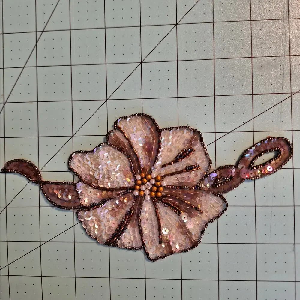 Bronze and clear iridescent sequin and bead flower applique set of 2