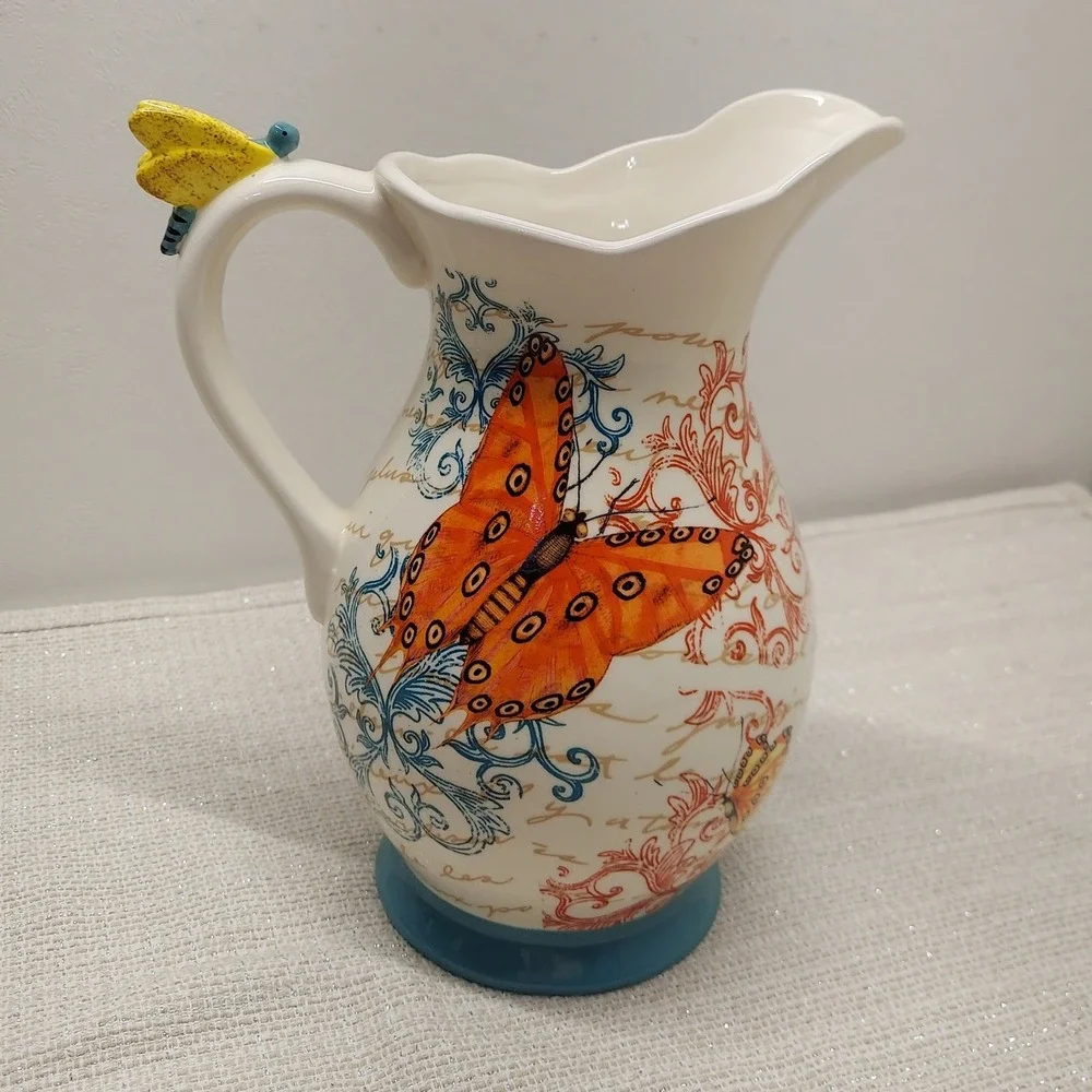 Cracker Barrel Butterfly Ceramic Pitcher French Country Script Decor 10