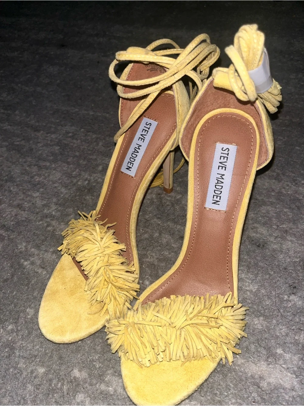 Steve Madden Yellow Fringe Suede Ankle-Tie Heels