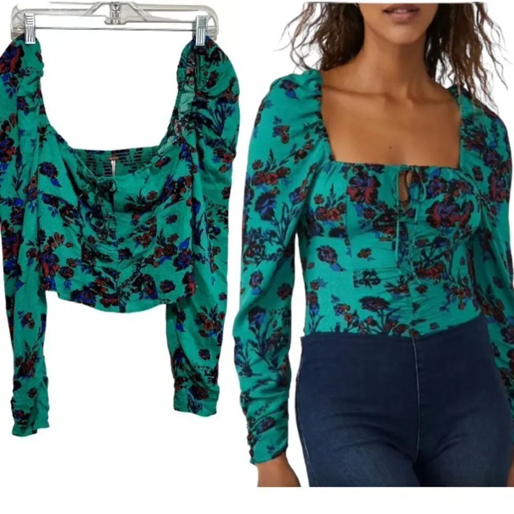 NWT Free People Hilary Printed Top Green Smocked Floral Blouse‎ Size XS Boho