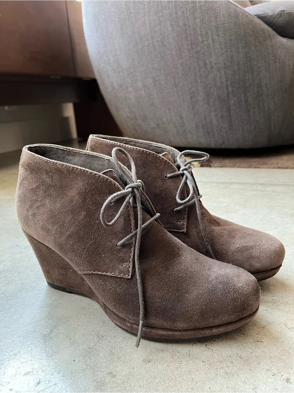 Clarks Brown Suede Wedge Ankle Booties with Lace-Up