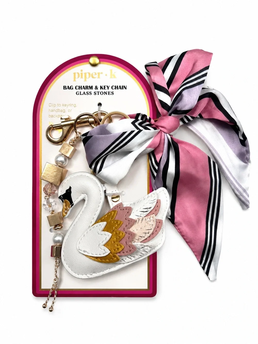Piper K Swan Bag Charm Keychain Pink Bow Gold Beaded Purse Accessory
