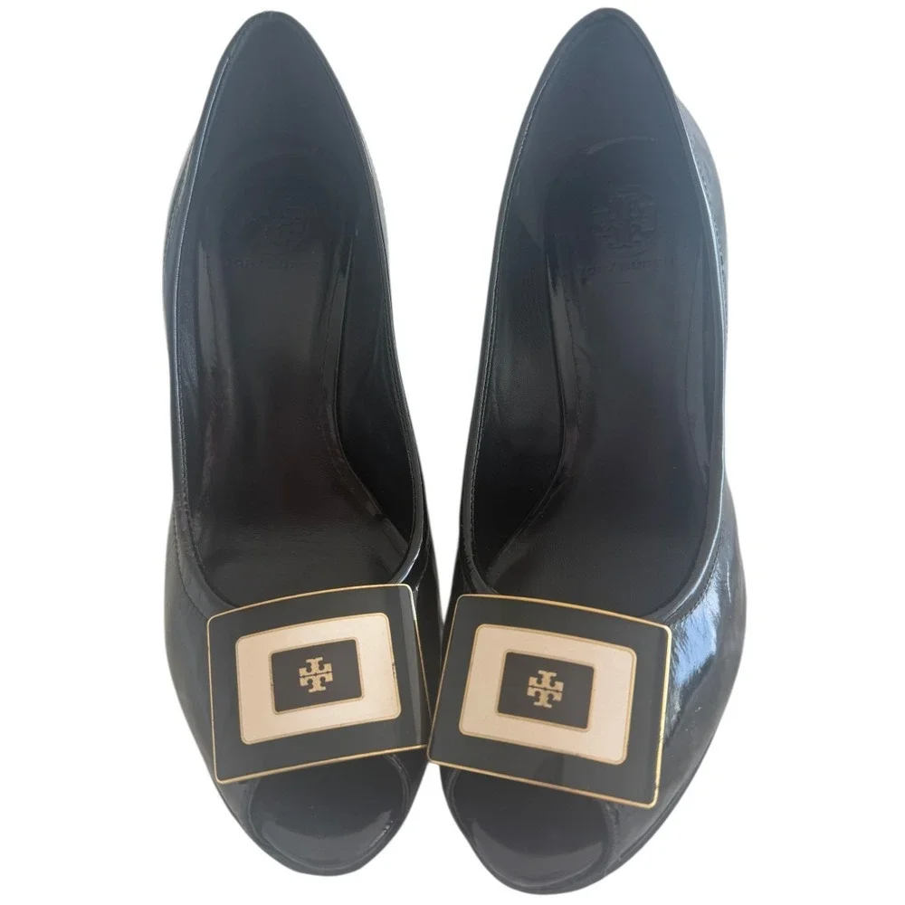 VTG Tory Burch Black Patent Leather Peep Toe Wedge Platform Pumps Women's 10M
