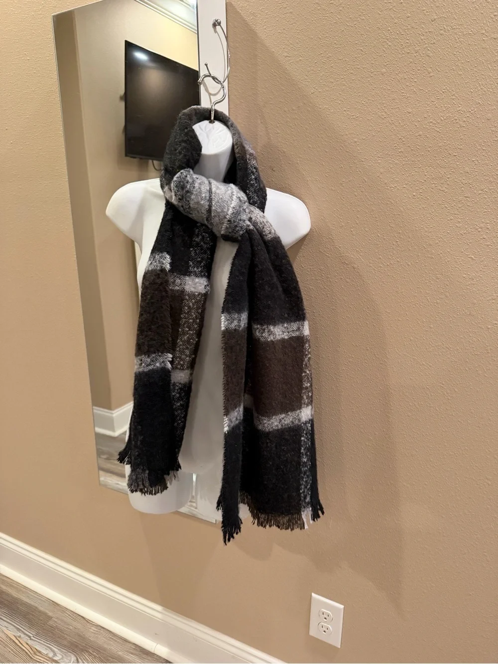 Source Unknown Black and Gray Plaid Fringe Scarf