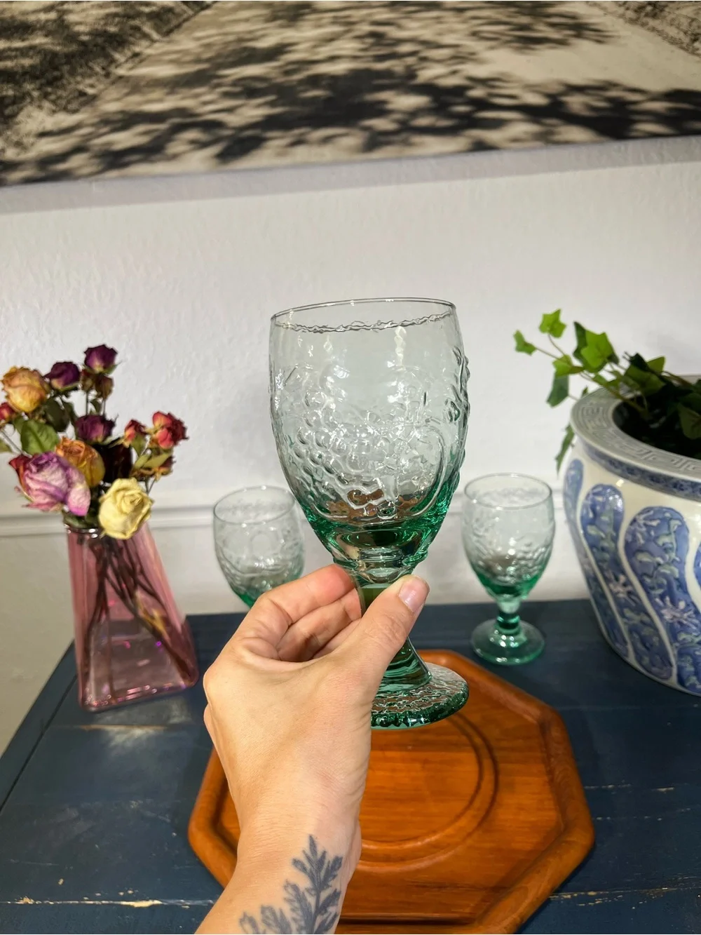 vintage Libbey Orchard Fruit Spanish green water goblet replacement set of 3