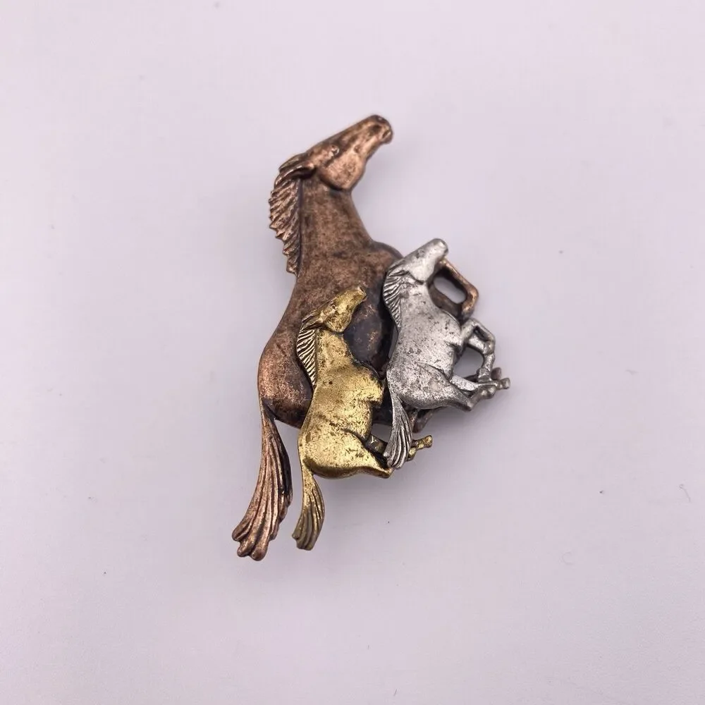 Horses Galloping Vintage Tri-Metal Brooch Pin