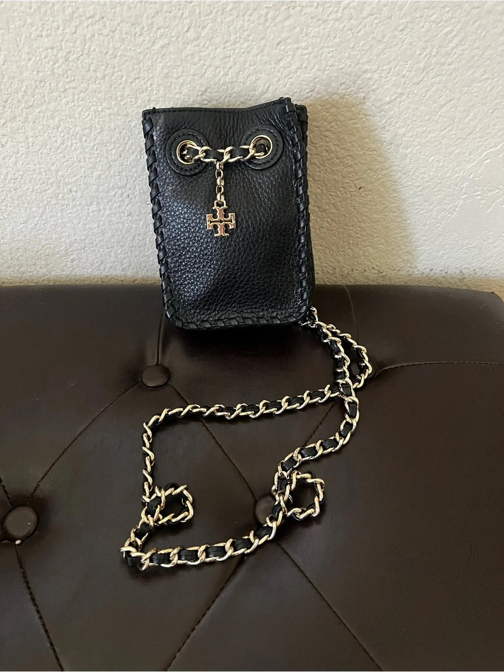 Tory Burch Black Leather Crossbody with Gold Chain and Logo Charm