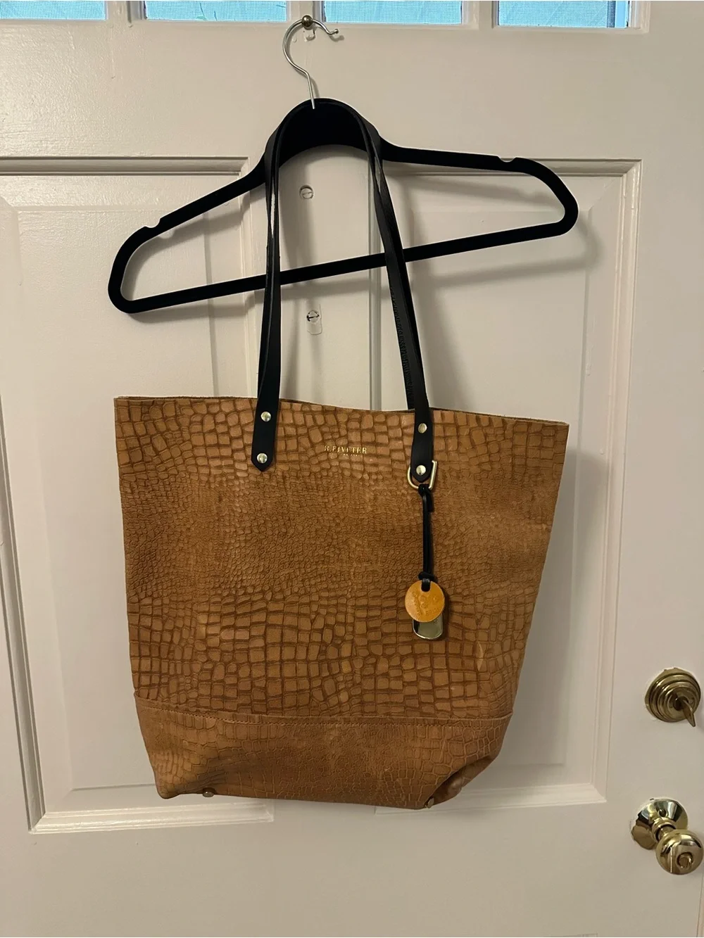 Cognac Croc-Embossed Suede Tote with Black Straps