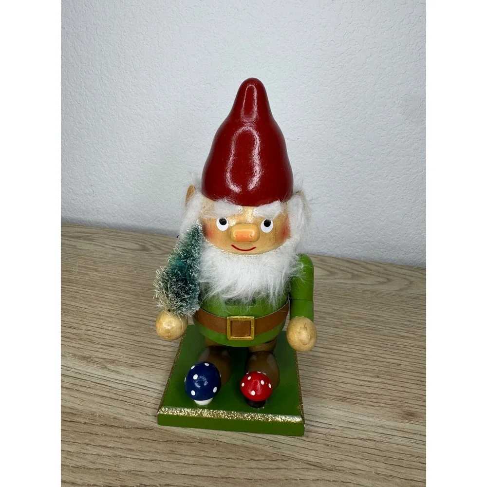 Hobby Lobby Gnome Nutcracker Wooden Christmas Decor Red Green Mushroom 7.5 Inch