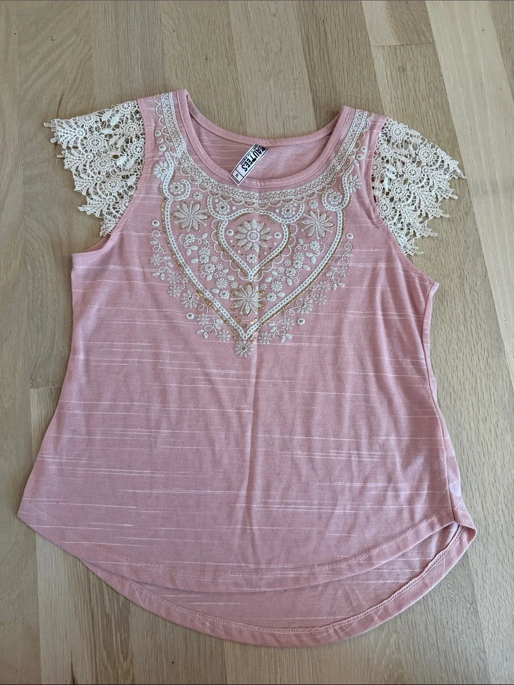 Girls Pink Lace-Sleeve Top with Embroidered Heart Motif