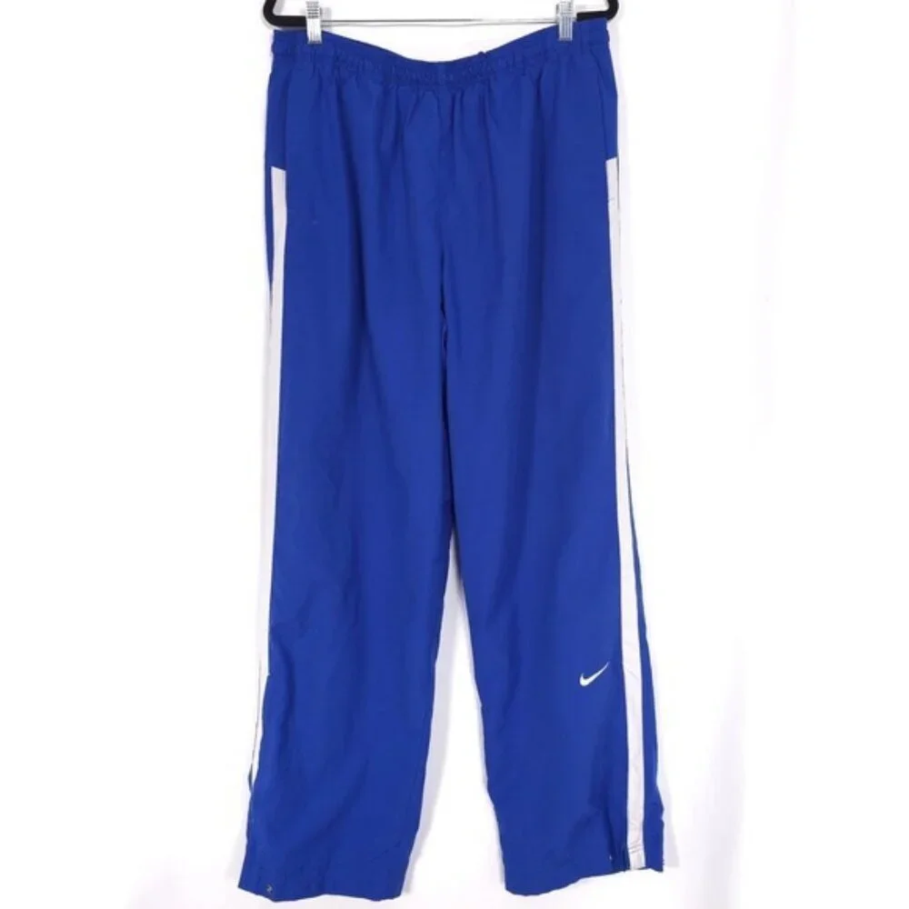 NIKE TEAM Vintage Track Pants XL Blue Ankle Zip‎ Snap White Stripe 90's Straight