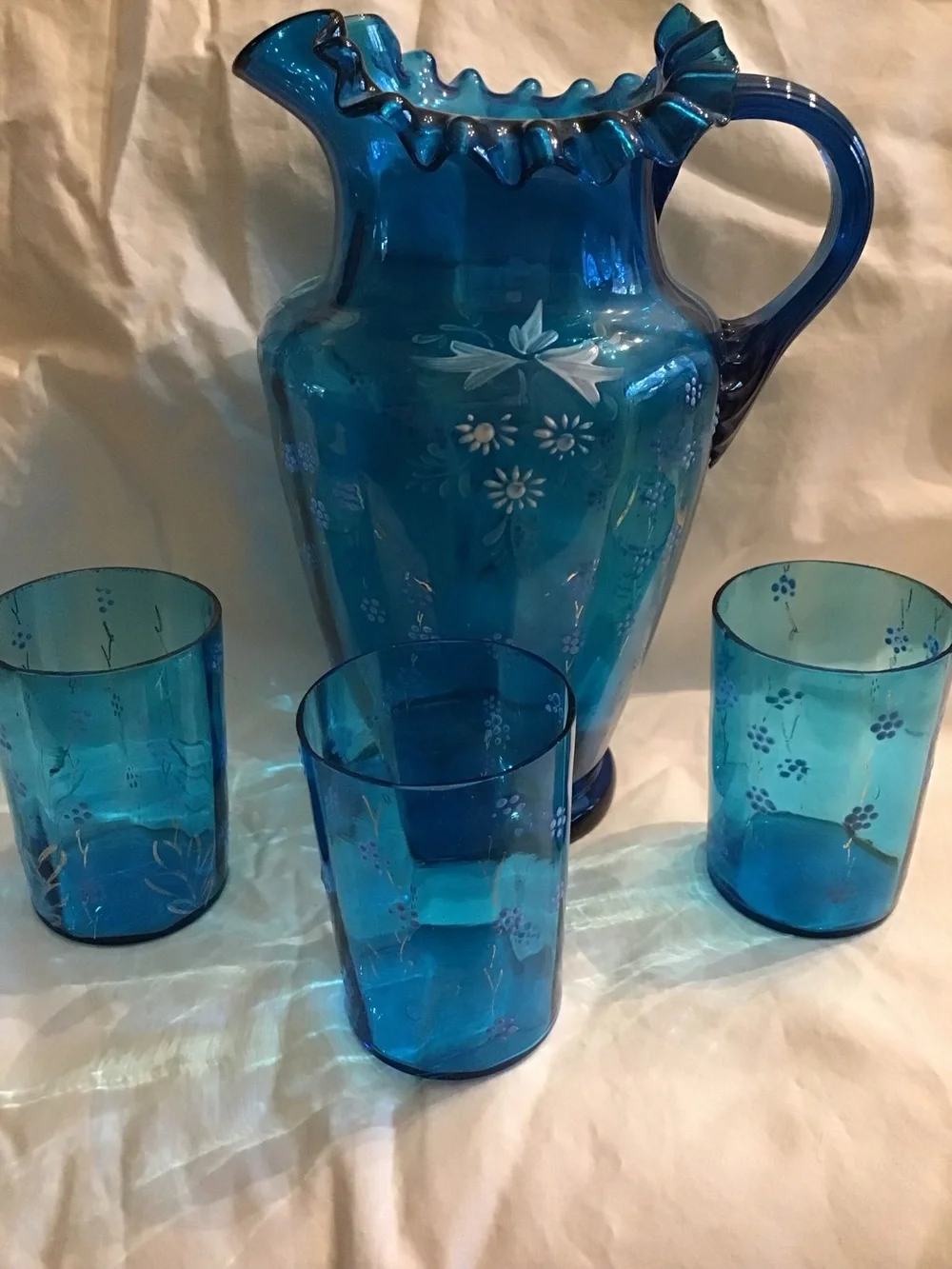 Blue Glass Ruffled Pitcher - Decorative Home Accent