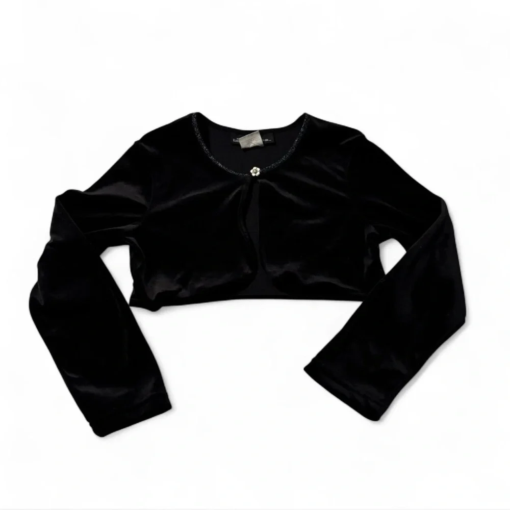 VTG‎ y2k Girls Medium Long Sleeve Velvet Shrug Dress Cover Black Flower Button