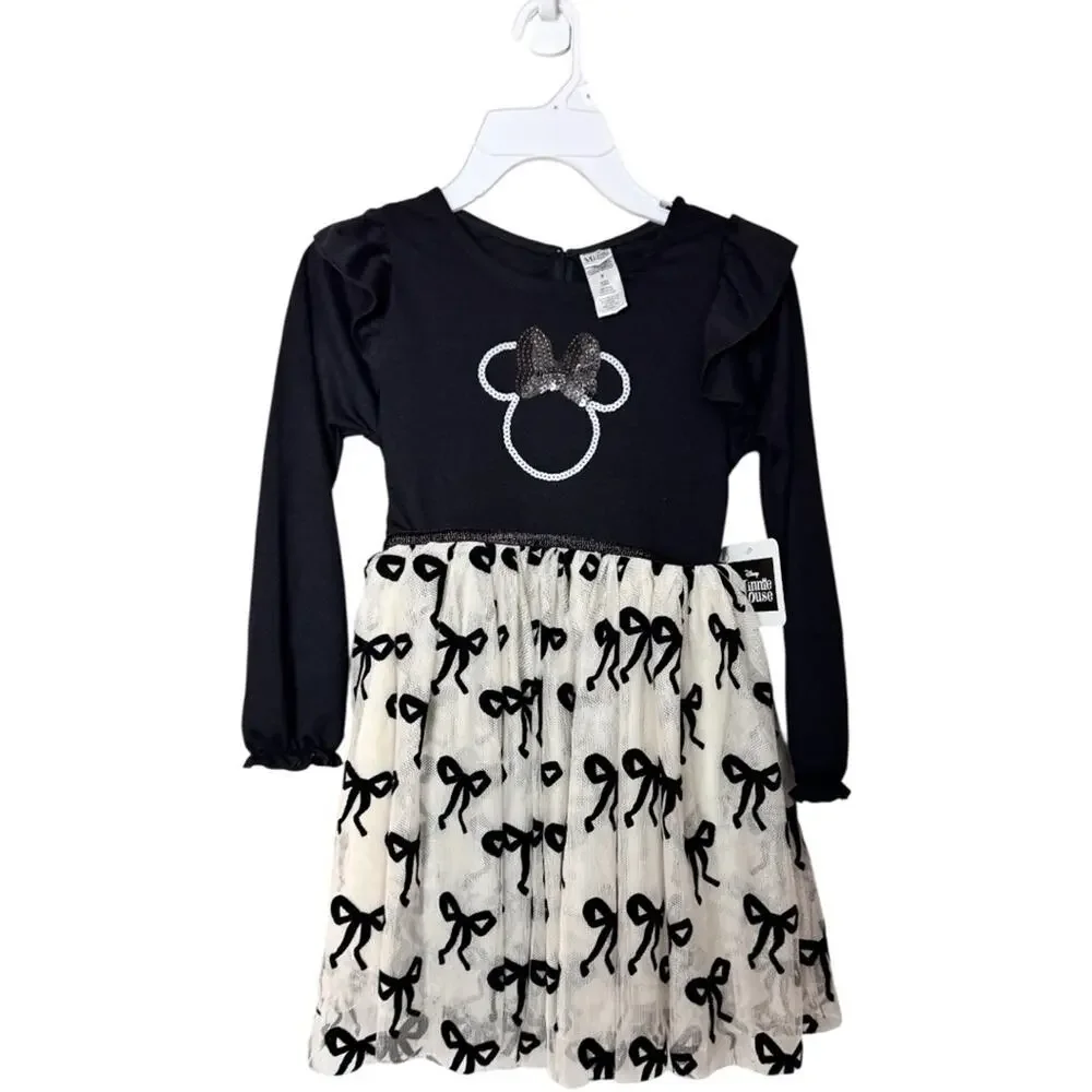 Disney Minnie Mouse Long SLeeve  Black and White Bow Dress Sz 6 NWT