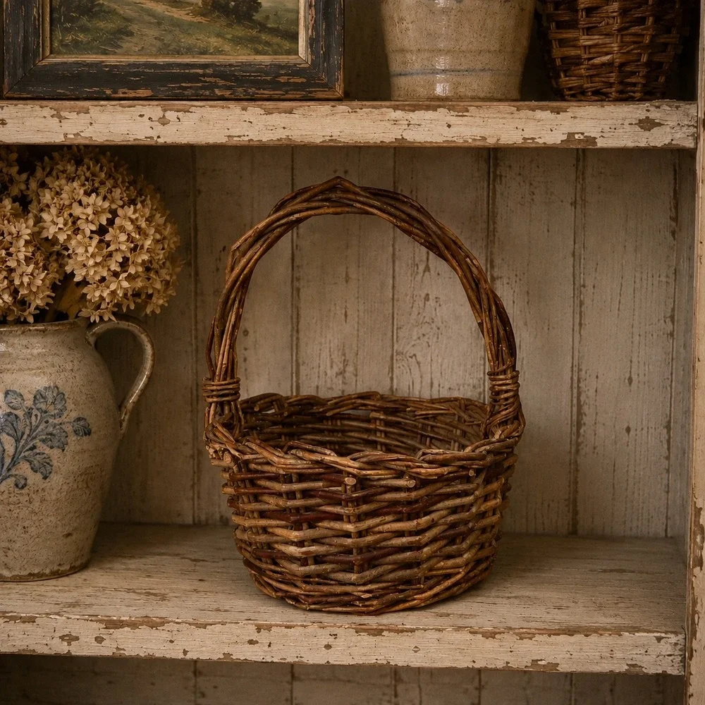 Vintage Rustic Handwoven Willow Branch Basket Farmhouse Cottagecore 10.5x8x8