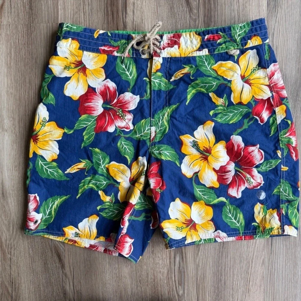 Vintage Y2K Polo Ralph Lauren Floral Swim Trunks Blue Mens 34 Board Shorts