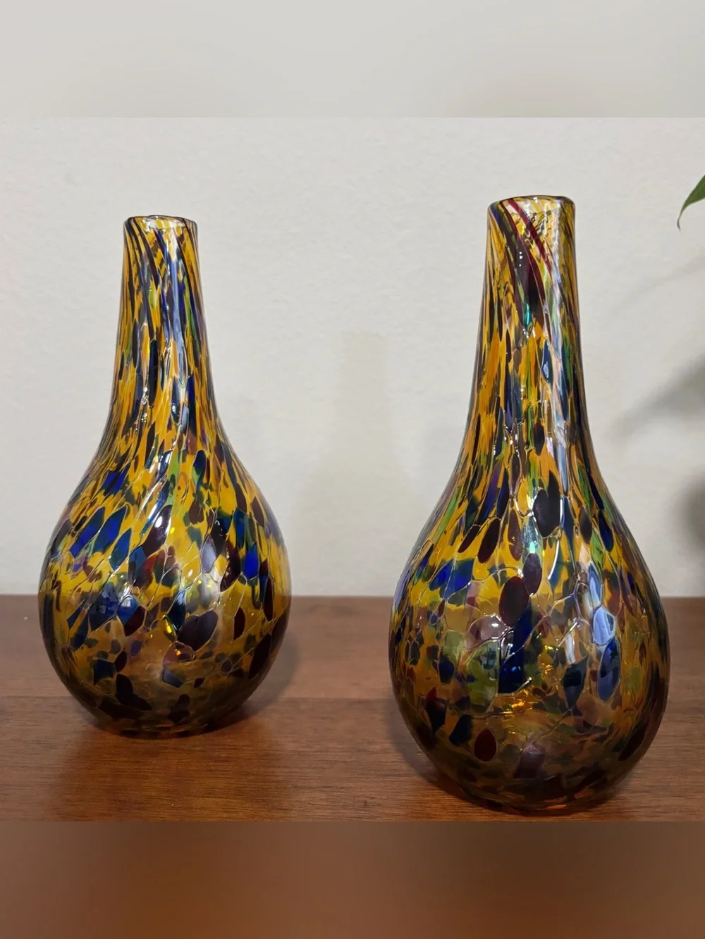Murano Style Hand Blown Art Glass Bud Vases 8” Tall Set Of 2 Speckled