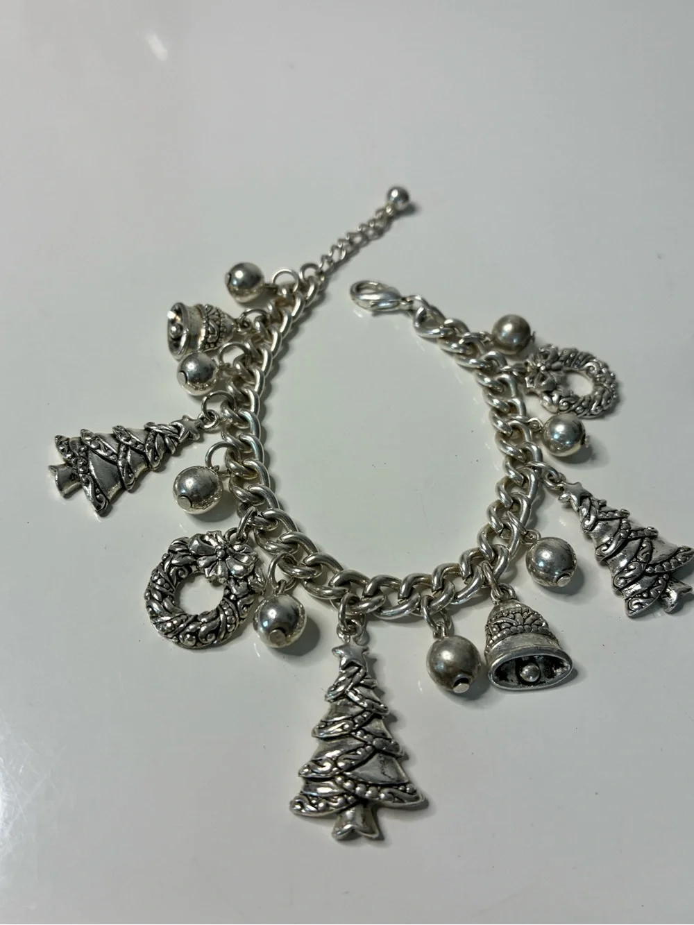 Silver-Tone Holiday Charm Bracelet with Christmas Tree & Bell Charms and Wreaths