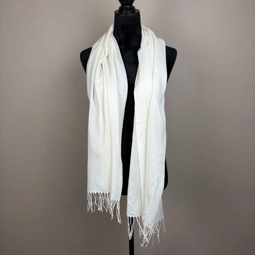 Off White Cream Pashmina Scarf Wrap Shawl Gauze Lightweight Tassel Fringe Solid
