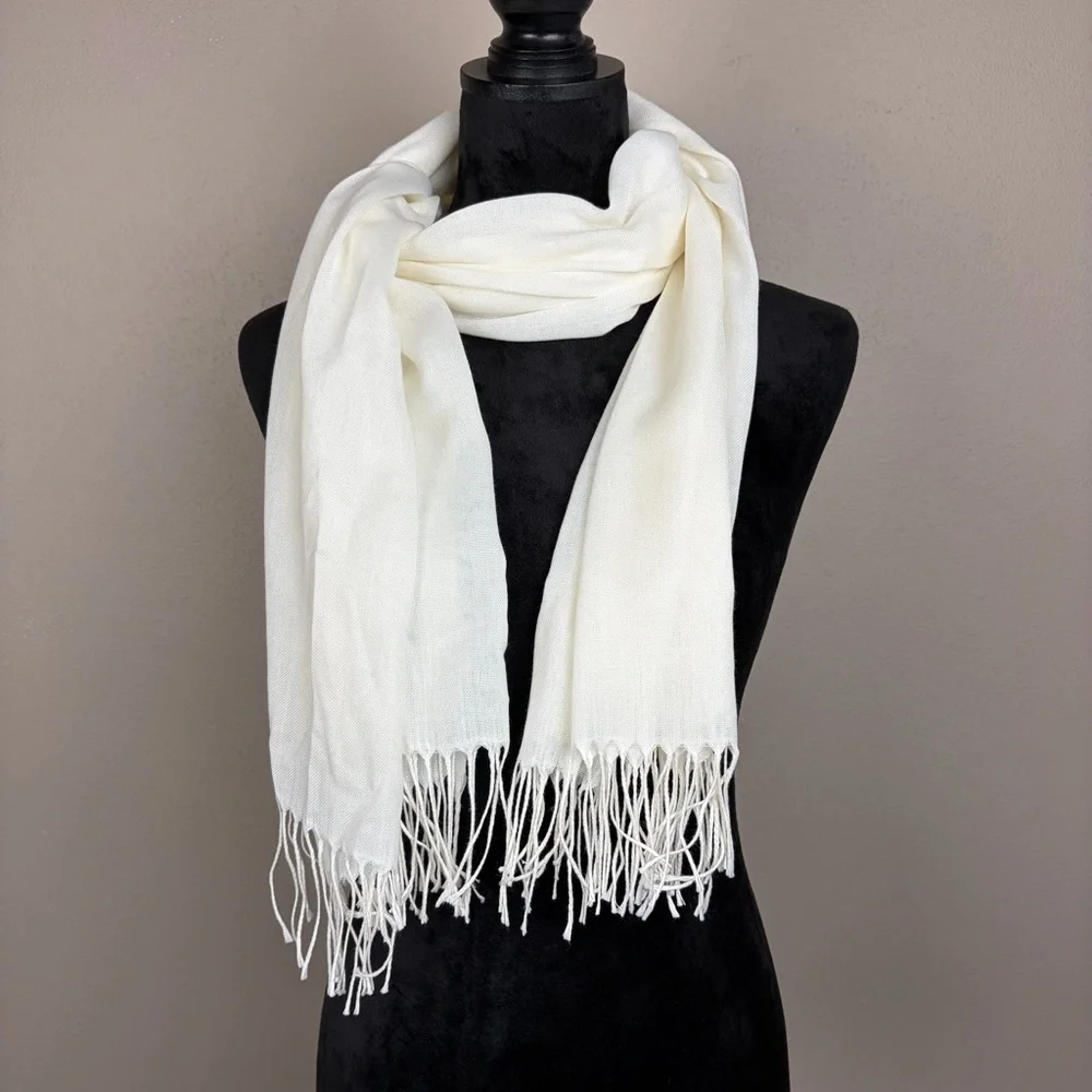 Off White Cream Pashmina Scarf Wrap Shawl Gauze Lightweight Tassel Fringe Solid