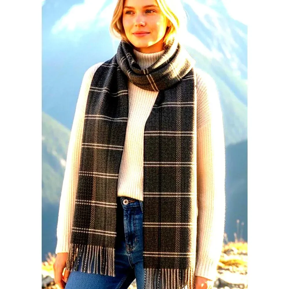 100% Cashmere Scarf Made Scotland Black Gray Plaid Check Fringe Luxury Unisex