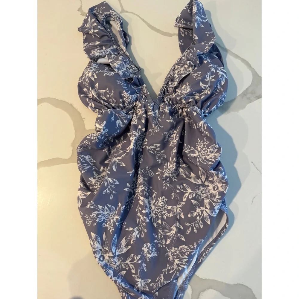 PinkBlush Classic Maternity Floral Ruffle V-Neck One Piece Swimsuit  Size M