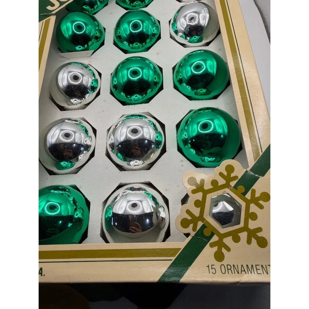 Vintage‎ Pyramid Large Glass Christmas Ornaments Green Silver Set of 15 USA Made