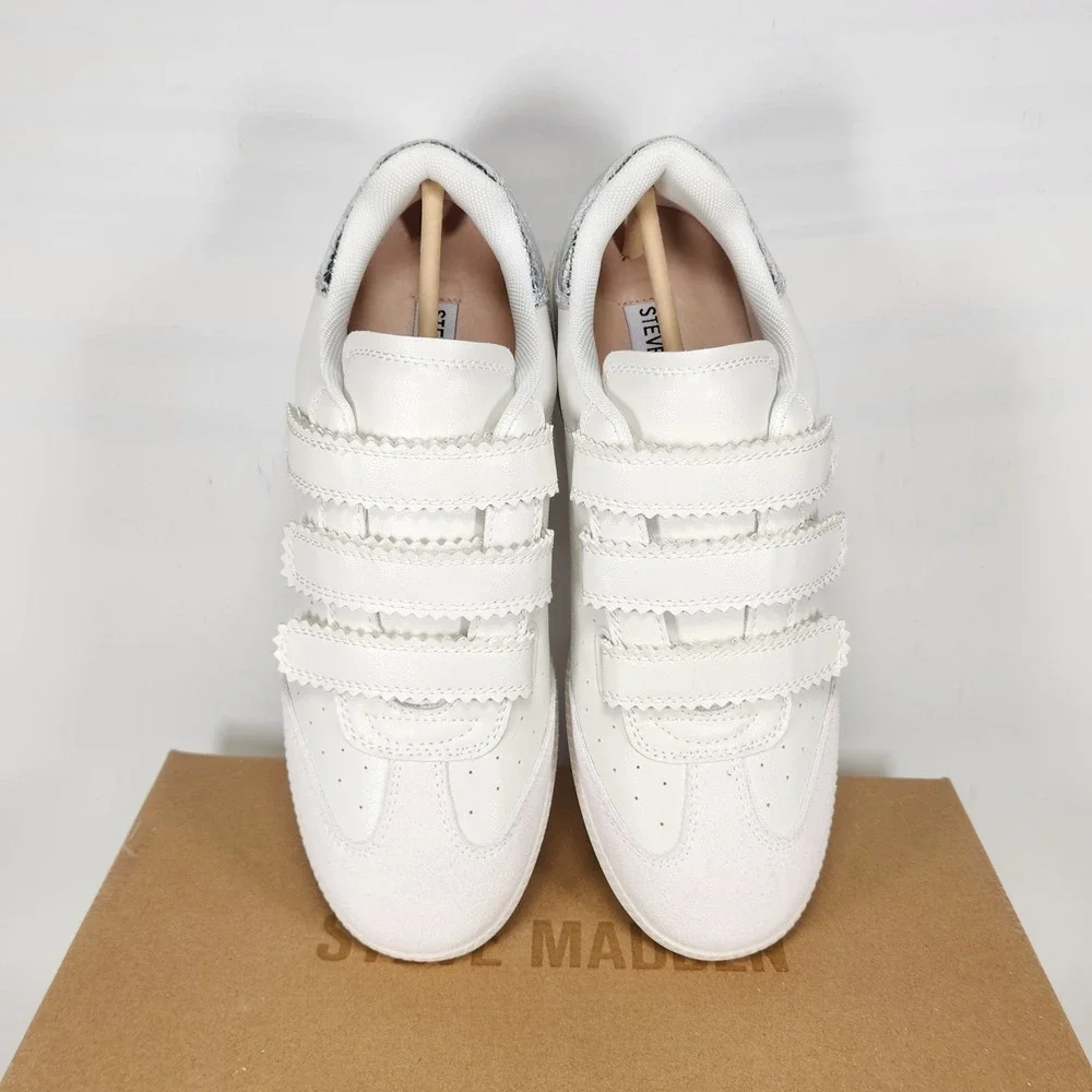 Steve Madden Momentum Sneaker Women Size 8.5 White Silver Triple Strap Casual